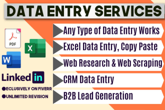 do data entry, web research, data scraping, data collection and copy paste