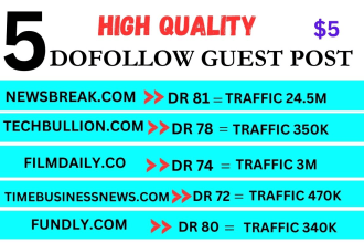 write and publish 5 HQ dofollow guest post backlinks for your website