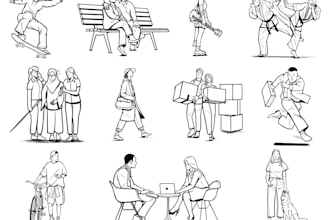 create simple line art illustrations, digital, black and white, character art