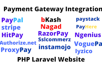 integrate and fix payment gateway paypal, stripe, mastercard in PHP laravel