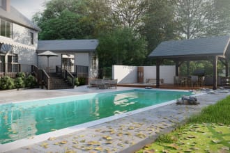 design any garden landscape, backyard, pool and render it