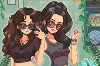 draw 90s retro vintage anime character and pet illustration