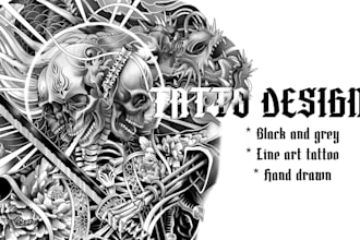 draw high detail black and grey tattoo design with realistic shading