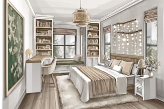 do hand drawn interior design sketch, digital illustration