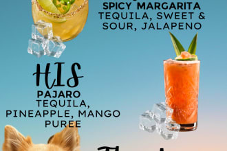 design wedding menus, bar menus, his and hers drink signs