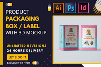 do product packaging box and label design with 3d mockup
