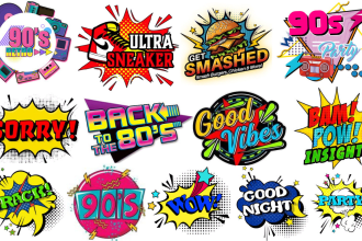 create pop art, funko, vintage, retro, 80s, 90s logo and words text comic style