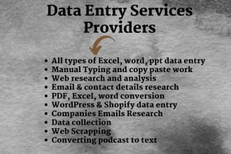 do copy paste work, typing, excel data entry, find emails, pdf to excel,VA