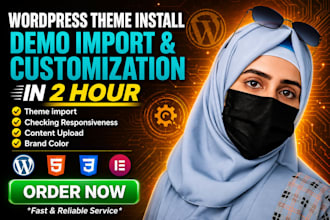 install wordpress theme, import demo, and do customization within 2 hours