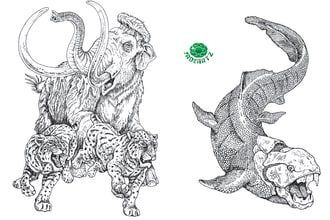 create pen and ink illustrations of animals, paleoart, mythical creatures