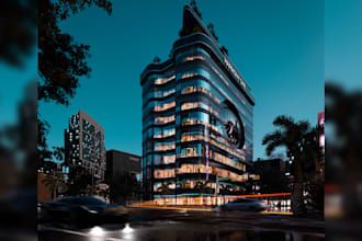 photorealistic 3d rendering of complex building exteriors