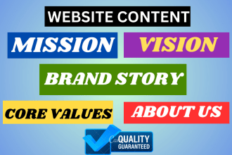 write a brand mission and vision statement, about us, brand story and our values