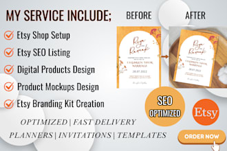 set up etsy shop design etsy digital products seo listing etsy shop store setup