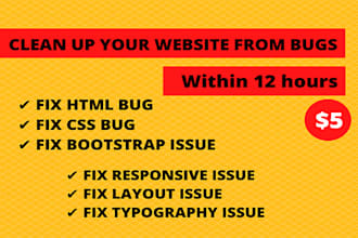 edit or fix HTML, CSS bugs or fix responsive issues within 12hrs