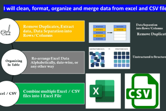 clean, organize and merge excel or CSV data,vlookup, excel dashboard and chart