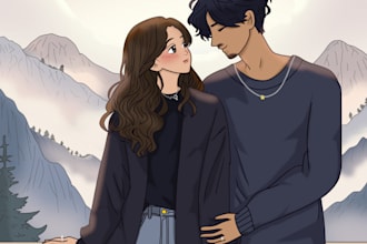 draw couple illustration in cute dreamy manhwa webtoon style