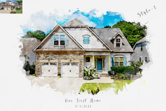 create digital watercolor house portraits and building illustration