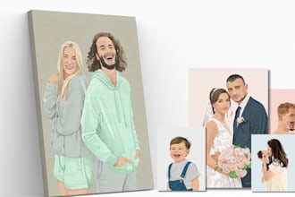 personalized family, kids and couple into cartoon portrait