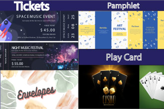 design tickets, pamphlets, envelopes, coupons, playing cards