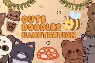 draw cute kawaii character, animal, food doodle stickers