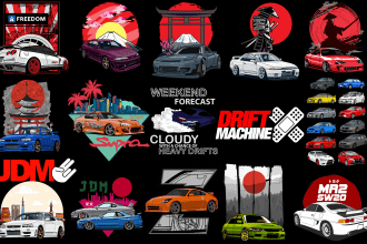 provide 70 jdm cars designs bundle for dtf dtg t shirts