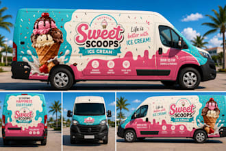 vehicle wrap, van wrap, food truck, truck decals with 3d mockup