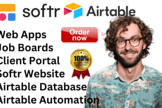 set up airtable database, softr website, client portal, job board, airtable