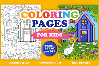 draw coloring book pages, activity sheets, line art illustration for kids adults