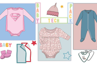 create babies and kids wear tech pack, flat sketch for fashion design