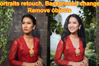 do portraits retouch, background change, remove objects, image editing