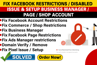 fix your facebook restriction for business manager, ad account, shop, page