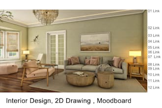 create interior mood board, 2d floor plan, or shopping list