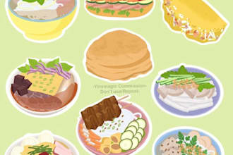 draw cute kawaii chibi animals, pets, illustration, food, logo
