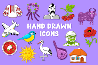 create hand drawn doodles illustrations, custom icons or sticker set