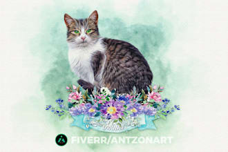draw realistic pet portrait dog , cat , animal , digital oil paint , watercolor