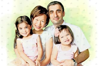draw a family portrait in watercolor style painting