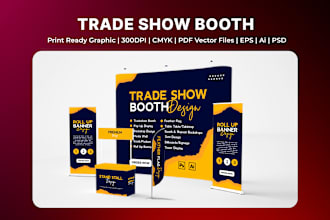 printable trade show booth, backdrop, kiosks, roll up banners for exhibition