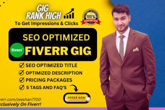 write SEO optimized fiverr gig description, tags, title, profile setup