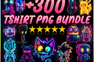 provide 300 neon colors tshirts designs bundle for dtf vectors png
