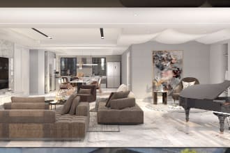 do the living room and kitchen interior design render with virtual reality