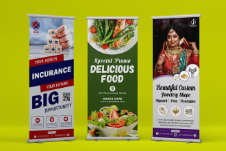 do modern roll up banner, x banner, yards sign, pull up, standee design