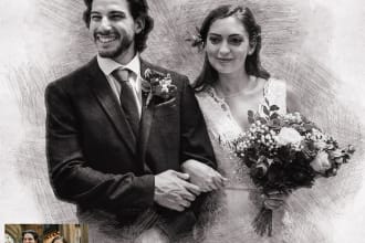 draw realistic pencil couple character wedding sketch portrait from photo