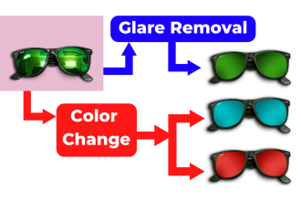 do sunglass retouching, color change, remove glare, reflection, background