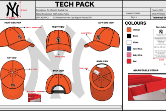 design custom hat and cap mockup, flat sketch and  tech pack