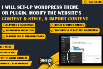 set up any wordpress theme or plugin, import content, and modify the website