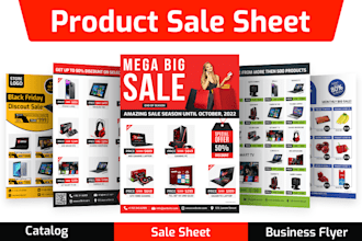 design sell sheet, sales sheet, product catalog, and flyer