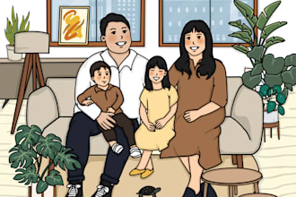draw cute portrait, couple or family cartoon portraits