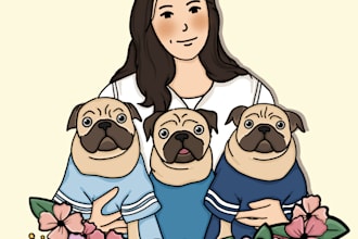 draw you and your cat, dog, or any pet into cartoon portrait