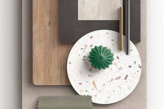 create a harmonious 3d interior design material mood board