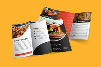 design trifold brochure, food menu, menu bar with 24 hrs